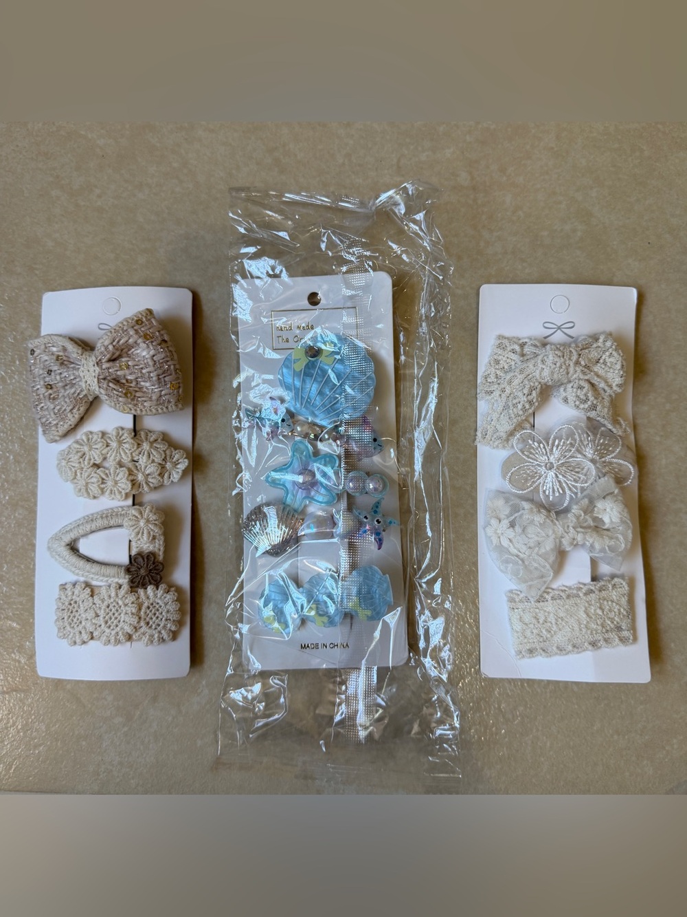 13pc Coquette Hair Clip Set - Beige/Blue Lace Floral & Mermaid Pearl Accessories